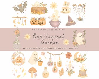 Boo-tanical Halloween Clipart – Watercolor Ghosts, Spooky Flowers, Pumpkins, Leaves & Fall Elements PNGs for Crafts, Decor and Invitations