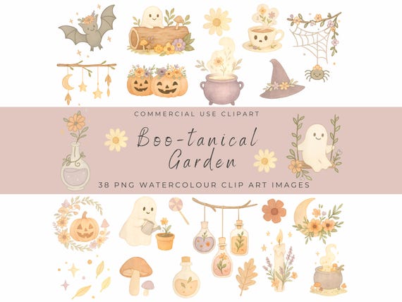 Boo-tanical Halloween Clipart – Watercolor Ghosts, Spooky Flowers, Pumpkins, Leaves & Fall Elements PNGs for Crafts, Decor and Invitations