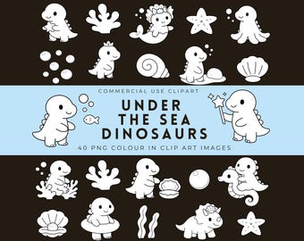 Under The Sea Dinosaurs Colour In Clipart | Black and White Dinosaurs Clipart Bundle, Dino PNG, Simple Bold Characters, Digital Download