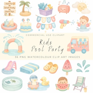 Kids Pool Party Clipart | Watercolor Summer Pool Fun | Cute Baby Floaties, Sprinklers, Popsicles, Beach Toys | Pastel Summer PNG Set