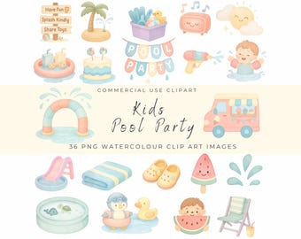 Kids Pool Party Clipart | Watercolor Summer Pool Fun | Cute Baby Floaties, Sprinklers, Popsicles, Beach Toys | Pastel Summer PNG Set