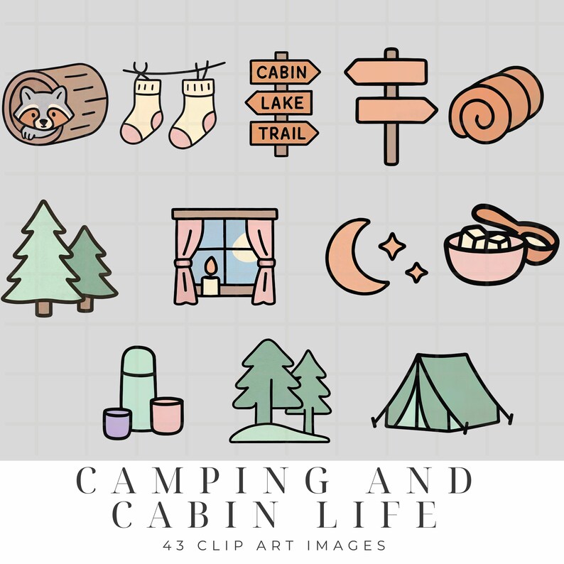 May include: A set of 43 camping and cabin life clip art images. The images include a raccoon in a log, socks hanging on a clothesline, a sign that says "Cabin Lake Trail", a directional signpost, a sleeping bag, two pine trees, a window with curtains and a lit candle, a crescent moon with stars, a bowl of sugar cubes with a spoon, a thermos and a cup, two pine trees, and a green tent.
