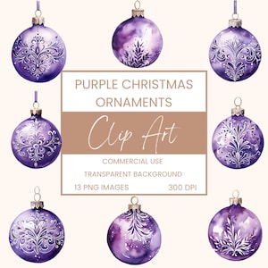 Purple Christmas Ornaments Clip Art Pack Watercolour, Clipart or Commercial Use,  Christmas Decorations, Wall Art Watercolour PNG
