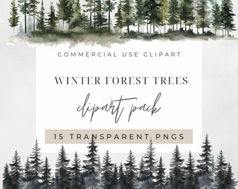 Clipart di alberi invernali ad acquerello, Clipart per uso commerciale, PNG trasparenti, pini, acquerello della foresta