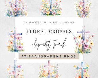 Watercolor Floral Crosses Clipart, Clipart for commercial use, Transparent PNGs, Religious Christian Easter Cross Pastel Watercolour