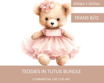 Watercolour Teddy Bears in Tutus  Clip Art Pack Watercolour, Clipart for Commercial Use, Cute Teddies, PNG Transparent Background