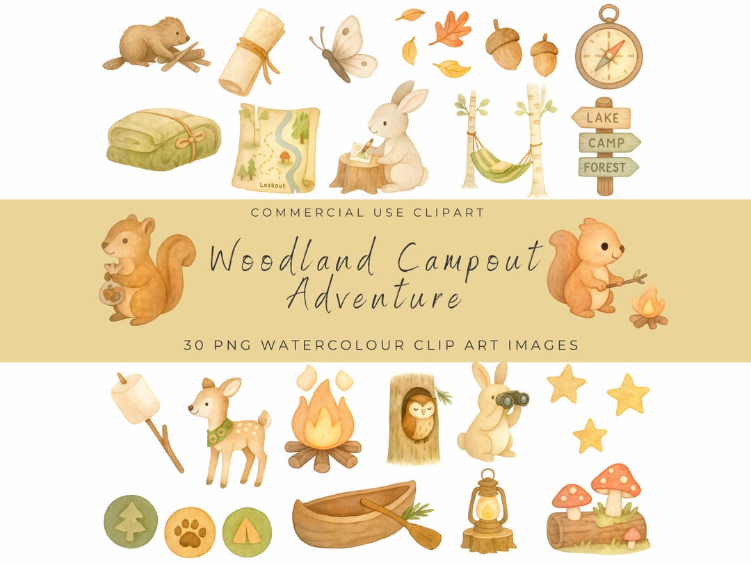 Woodland Campout Clipart – Cute Forest Animals, Tent, Campfire ...