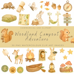 Clipart bos kamperen – schattige bosdieren, tent, kampvuur, aquarel PNG, natuurkampeerkunst, digitale download voor commercieel gebruik