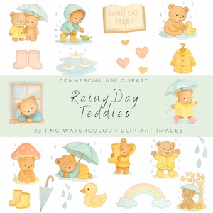 Rainy Day Teddy Bears Clipart – Cozy Watercolor Bears with Umbrellas, Rain Boots, Puddles & Clouds PNGs for Crafts and Invitation&#39;s