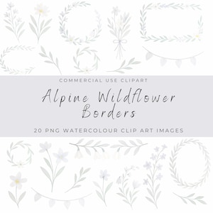 May include: A set of 20 watercolor clip art images featuring delicate white alpine wildflowers and greenery. The images include wreaths, borders, and individual flower sprigs, perfect for adding a touch of nature to your designs.