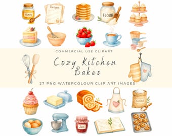 Cozy Kitchen Bakes Watercolor Clipart Set | Baking Clip Art, Retro Mixer, Bread, Cupcake Stand, Milk Jug, Pastel Kitchen Decor PNG