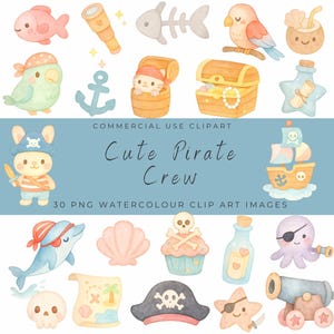 Niedliches Piraten Crew Clipart Pack - Kawaii Tierpiraten, Schatzkarten, Schiffe & Flaggen - Pastell Aquarell PNGs für den kommerziellen Gebrauch