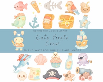 Cute Pirate Crew Clipart Pack – Kawaii Animal Pirates, Treasure Maps, Ships & Flags – Pastel Watercolor PNGs for Commercial Use