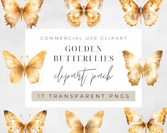 Aquarel gouden vlinder clipart, clipart voor commercieel gebruik, transparante PNGs, goud geel bruin vlinders