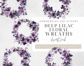 Watercolor Floral Wreath Deep Lilac Clipart, BUNDLE, Flowers, Half Wreaths, Wedding Wreath, Transparent png, Commercial Use