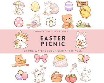 Easter Picnic Clipart | Bunny, Bear, Chick Clipart Bundle, Cute Bold Creatures PNG, Digital Download