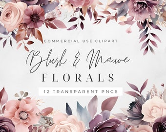Blush Pink & Mauve Bouquet Watercolor Clipart PNG, Junk Journaling, Bundle, Floral Watercolor Commercial Use Digital Instant Download