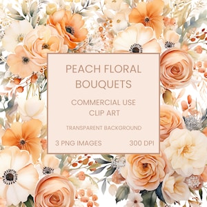 Peach Bouquet Watercolor Clipart PNG, Junk Journaling, Bundle, Floral Watercolor Wall Art Commercial Use Digital Instant Download