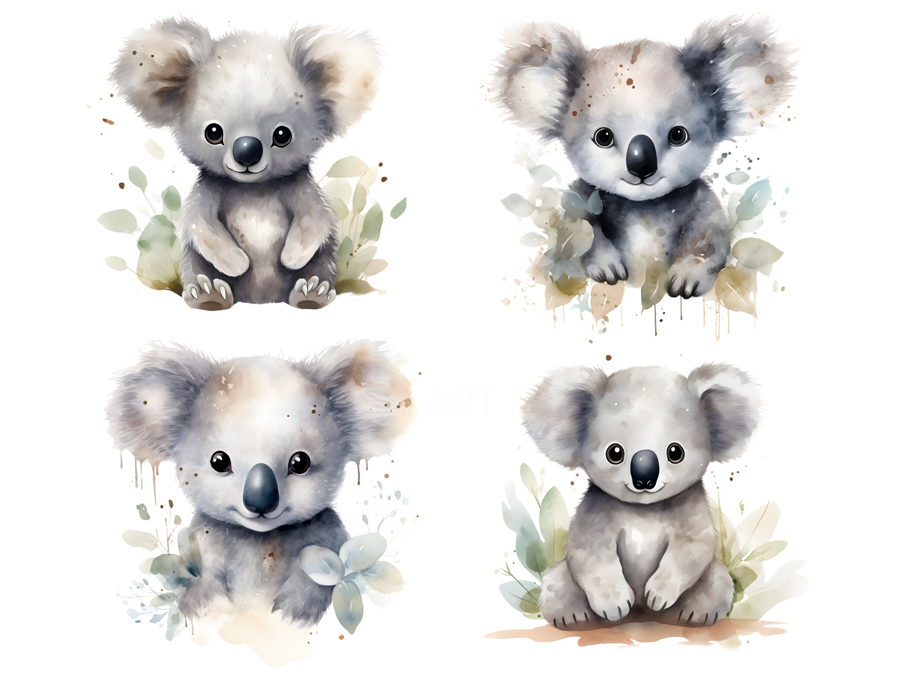 Koalas With Eucalyptus Leaves Clip Art Pack Watercolour, Clipart or ...