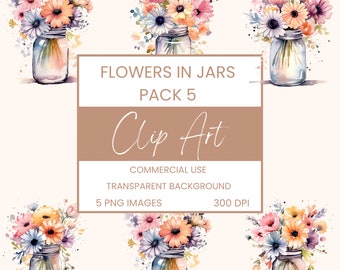 Blumen in Gläsern Bouquet Aquarell Clipart PNG, Junk Journaling, Pack 5, Floral Aquarell kommerzielle Nutzung digitaler sofortiger Download