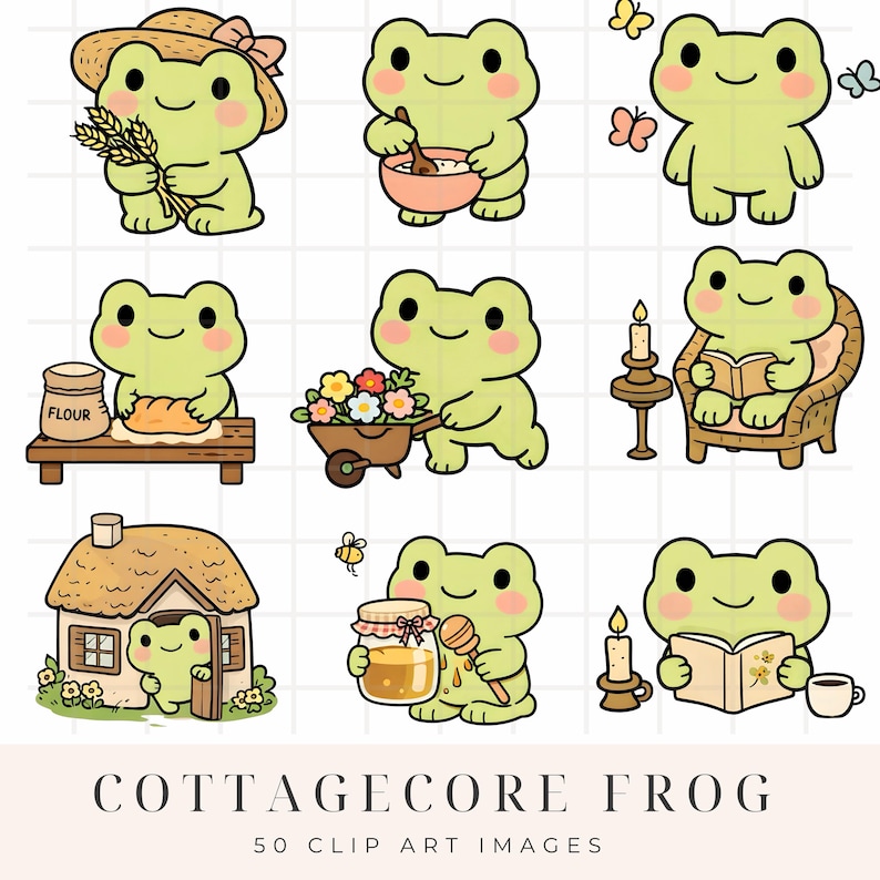 Cottagecore Frog Clipart | Cottagecore Frog Clipart Bundle, Cute Frog PNG, Cozy Frog Characters, Digital Download image 5