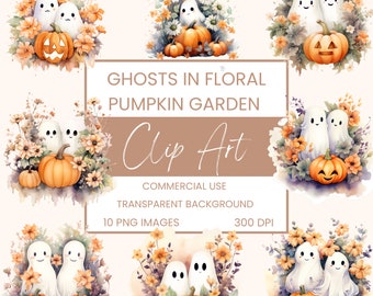 Ghosts in Floral Pumpkin Garden Clip Art Pack Watercolour, Clipart or Commercial Use, Halloween Ghosts, Wall Art Watercolour PNG