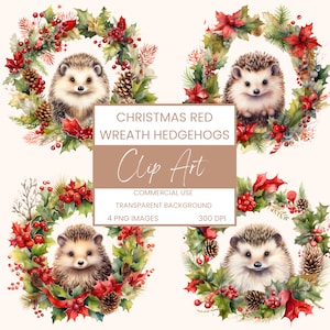 Natal Red Wreath Hedgehogs Clip Art Pack Aquarela, Clipart ou Uso Comercial, Ouriços De Natal Festivos, Aquarela De Arte De Parede PNG