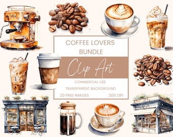 Coffee Love Clip Art Pack Watercolour, Clipart or Commercial Use, Coffee, Coffee Shop, Coffee Beans Drinks, Wall Art Watercolour PNG