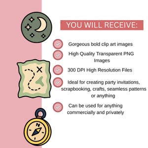 May include: A set of three digital clip art images in a green, yellow, and pink color scheme. The images include a crescent moon with stars, a treasure map with an X marking the spot, and a compass with a north arrow.