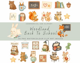 Woodland Back To School Clipart | Watercolor Woodland Animals School Clip Art | Cute Back to School Animals PNG | Teacher Classroom Decor