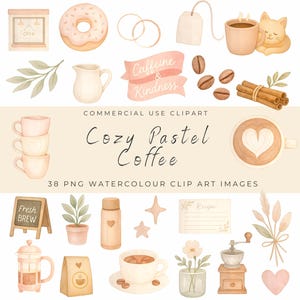 Paquete de imágenes prediseñadas de acuarela de café pastel / Plantas, tazas, flores y café de cafetería acogedora / Descarga digital de estilo cottagecore suave para uso comercial