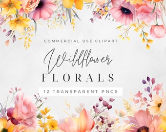 Wildflower Bouquet Watercolor Clipart PNG, Junk Journaling, Bundle, Floral Watercolor Commercial Use Digital Instant Download