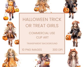 May include: Ten digital illustrations of girls dressed in Halloween costumes carrying jack-o'-lantern buckets. The illustrations are in a watercolor style and have a transparent background.  HALLOWEEN TRICK OR TREAT GIRLS, COMMERCIAL USE CLIP ART, 10 PNG IMAGES, 300 DPI.
