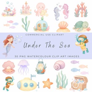 Clipart Under the Sea Adventure – grillige aquarel oceaandieren, zeemeerminnen en koraal png-set voor kinderkamerdecoratie en uitnodigingen