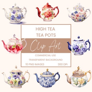 May include: Ten watercolour illustrations of teapots with floral and geometric designs. The teapots are in various colours, including red, blue, and white. The text "HIGH TEA TEA POTS Clip Art" is displayed in a brown rectangle.