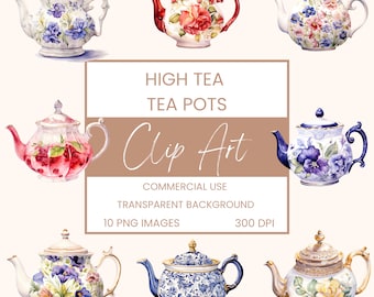 High Tea Tea Pots Clip Art Pack Watercolour, Clipart or Commercial Use,  Bundle, Floral Ceramic Tea Pot, Wall Art Watercolour PNG