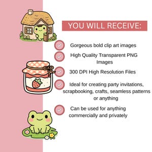 May include: Digital clip art set featuring a cartoon frog in a house, a jar of strawberry jam, and a frog on a lily pad. The text "YOU WILL RECEIVE:" is displayed above a list of features, including high-resolution PNG images.