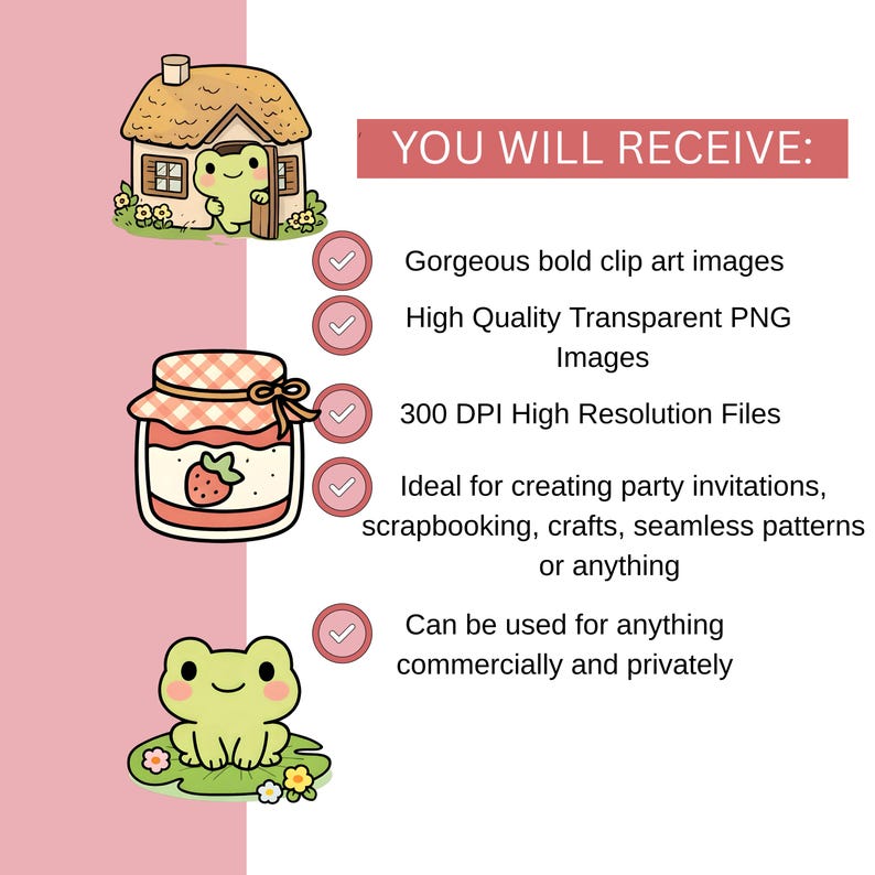 May include: Digital clip art set featuring a cartoon frog in a house, a jar of strawberry jam, and a frog on a lily pad. The text "YOU WILL RECEIVE:" is displayed above a list of features, including high-resolution PNG images.