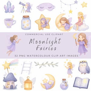 Clipart di fate al chiaro di luna - Fate celesti acquerellate, stelle, lune, cielo notturno magico, download digitale
