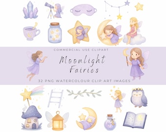 Clipart maanlichtfeeën – aquarel hemelse feeën, sterren, manen, magische nachtelijke hemel digitale download