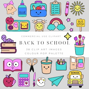 May include: A collection of colorful, cartoon-style back-to-school clip art images. Includes a lunchbox, alarm clock, pencil, apple, school bus, and the text "BACK TO SCHOOL". The images are in a color pop palette.