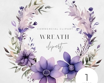 Watercolor Violet Floral Wreath Clipart, SINGLE IMAGE, Flowers, Half Wreaths, Wedding Minimalist, Leaves, Transparent png, Commercial Use