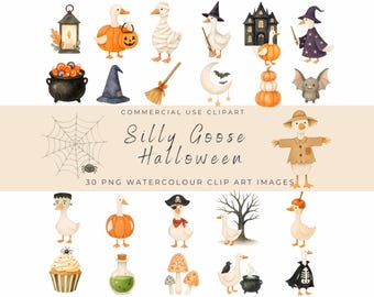 Halloween Silly Goose Clipart | Watercolor Goose Witch Ghost Pumpkin Bat Costume Illustrations | Cute Cozy Fall Digital Download