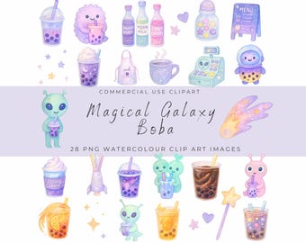 Pastel Galaxy Bubble Tea Clipart – Kawaii Watercolor Boba Cafe, Alien Space PNGs for Stickers, Planners for Commercial Use