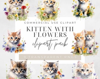 Kittens with Flowers Clip Art Pack Watercolour, Clipart or Commercial Use,  Cat, Kittens, Cute Animals, Wall Art Watercolour PNG