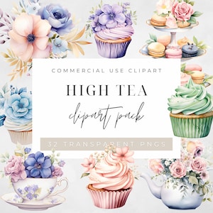 High Tea Clip Art Pack aquarel, clipart of commercieel gebruik, cupcake, theepot, taarten, damesfeest, bloemen bloem muur kunst aquarel aquarel png