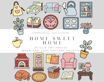 Home Sweet Home Clipart – Cozy Pastel Illustrations for Stickers, Planners, Scrapbooking and Craft Projects for commercial use