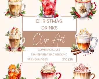 Christmas Drinks Clip Art Pack Watercolour, Clipart or Commercial Use, Festive Drinks, Wall Art Watercolour PNG