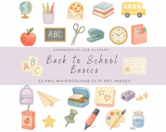 Back to School Essentials Clipart | Watercolor School Supplies PNG | Cute Classroom Stationery Graphics | Planner Stickers & Decor