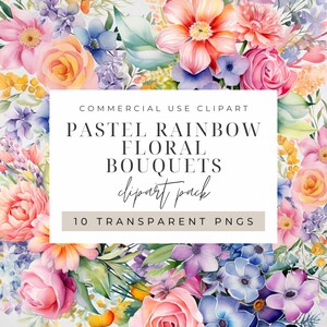 Pastel Rainbow Bouquet Watercolor Clipart PNG, Junk Journaling, Bundle, Floral Watercolor Wall Art Commercial Use Digital Instant Download